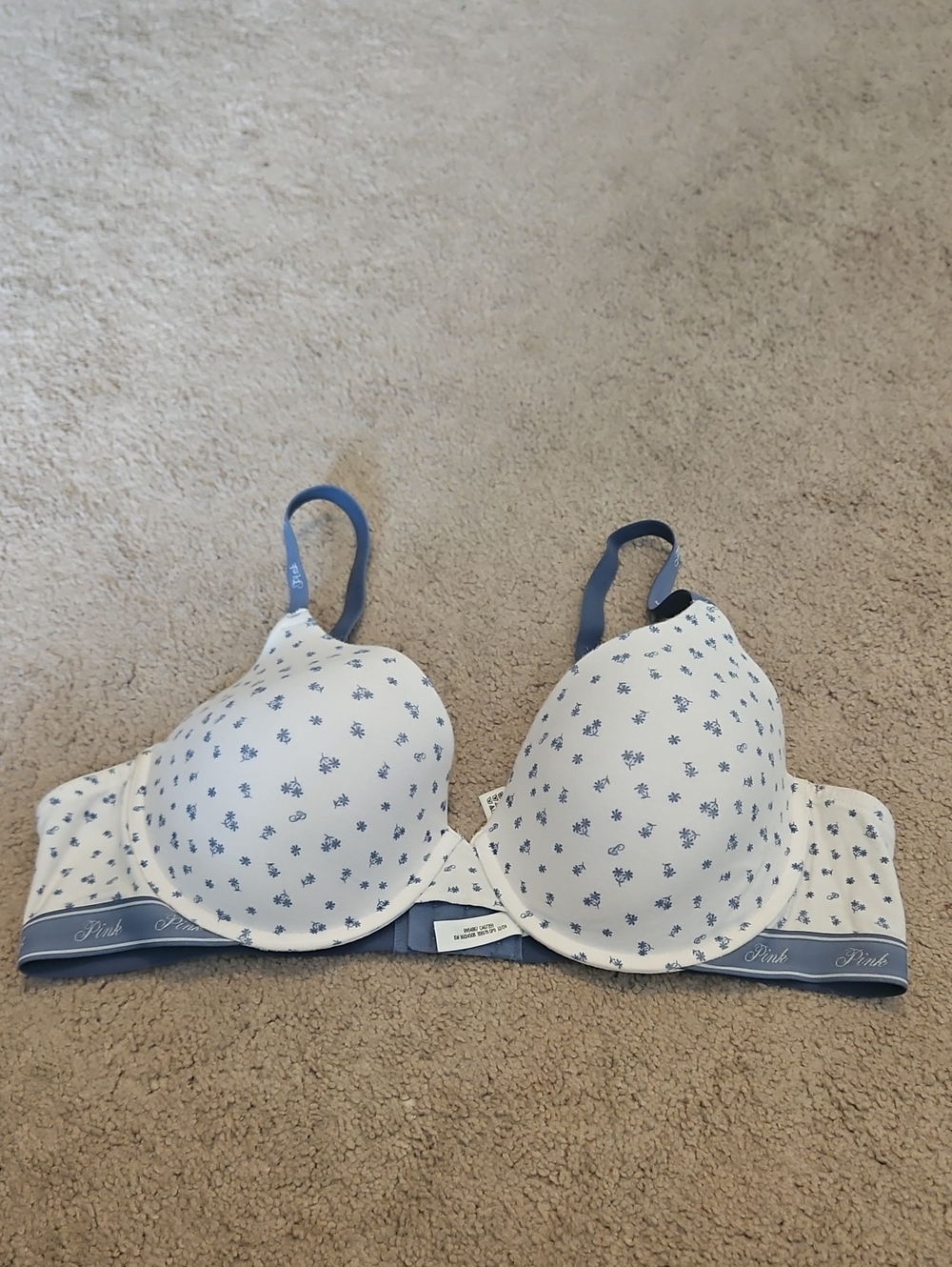 Like New PINK Victoria's Secret White Bra with Blue Floral Print